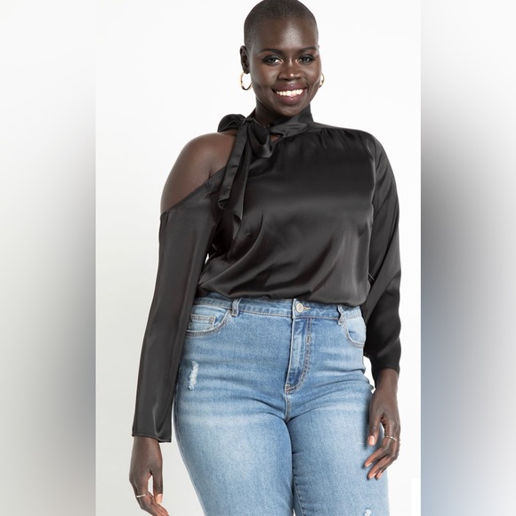 Item: NWT Eloquii Black One Shoulder Scarf Blouse - Picture 8 of 9